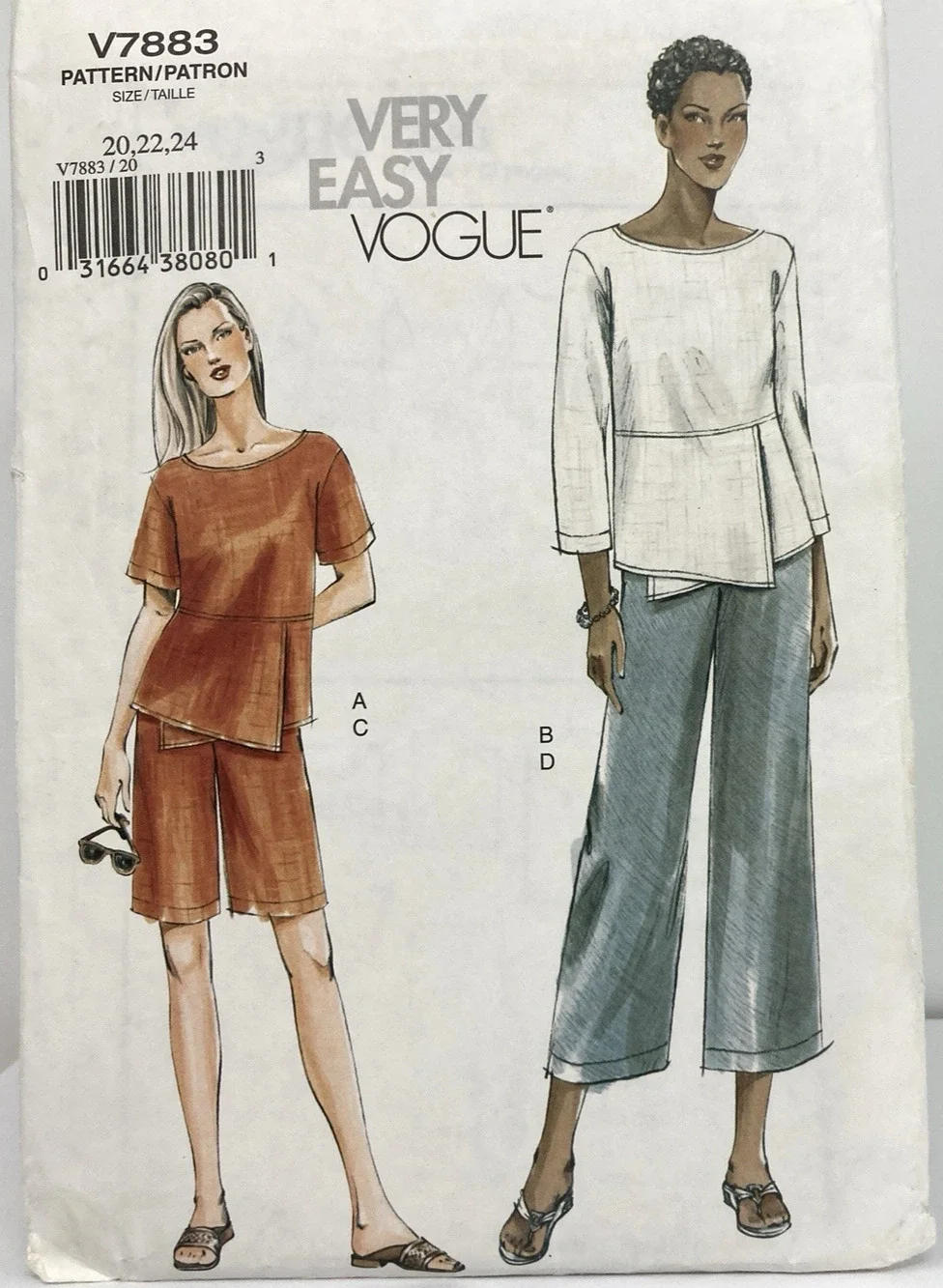 Vogue V7883 Very Easy Blouse Knee-Length Shorts Wide-leg Pants Sz 20 22 24 UNCUT